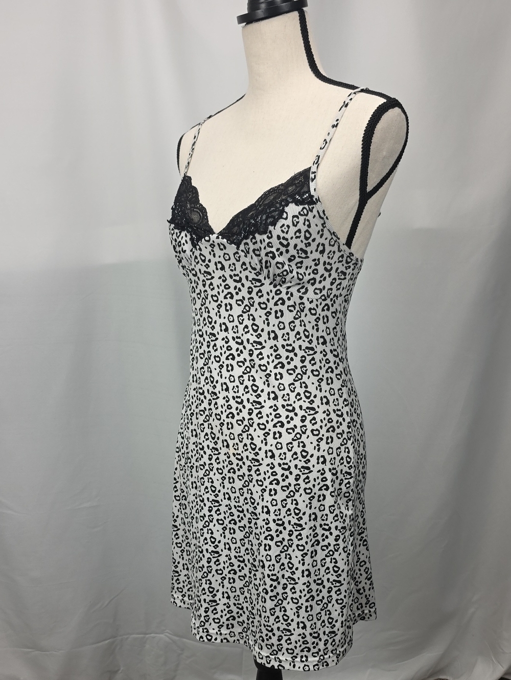 SHEIN Black & White Leopard Lace-Trim Slip Size Small
